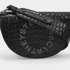 Stella McCartney Studded Logo Saddle Half Moon Croc-Embossed Black Shoulder Bag